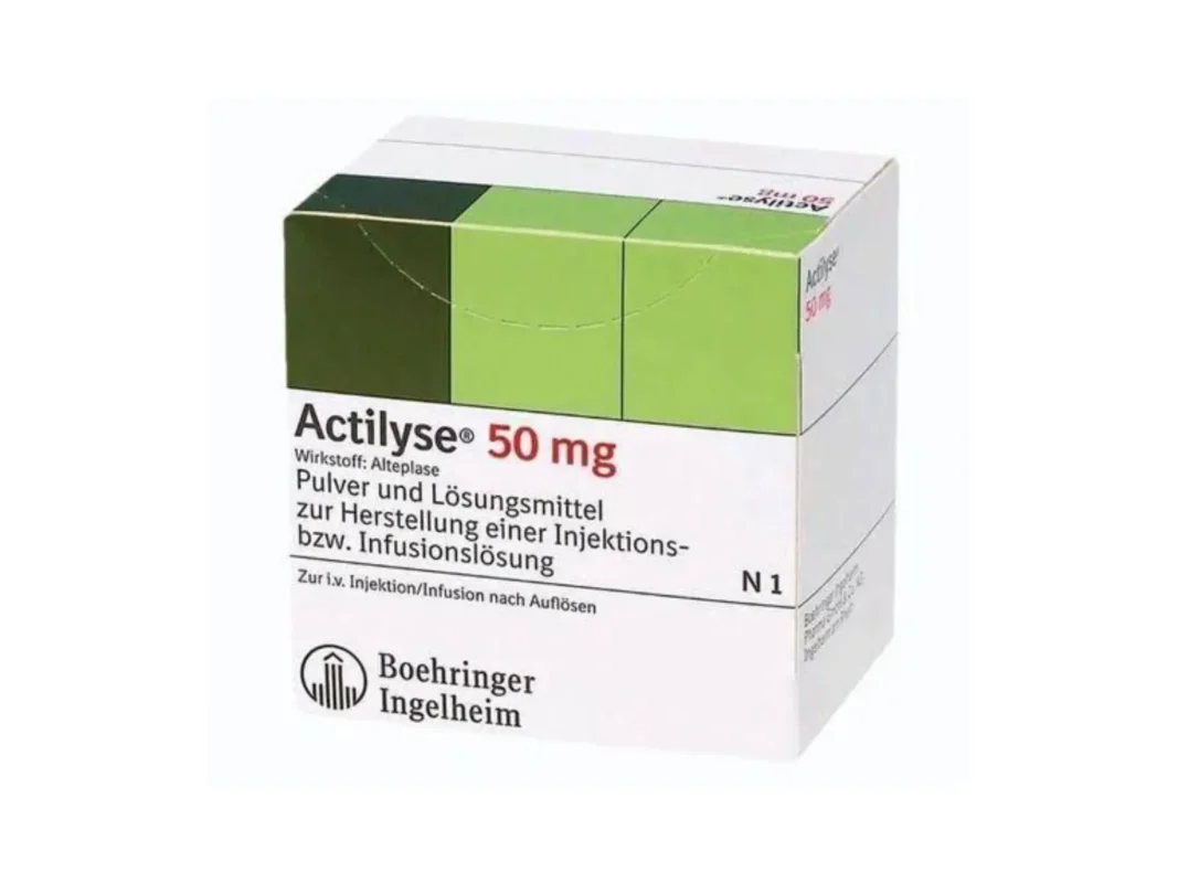 Actilyse 50mg Injection containing Alteplase 50mg for emergency treatment of acute ischemic stroke, myocardial infarction, and pulmonary embolism.
