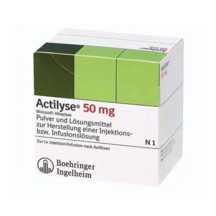 Actilyse 50mg Injection containing Alteplase 50mg for emergency treatment of acute ischemic stroke, myocardial infarction, and pulmonary embolism.