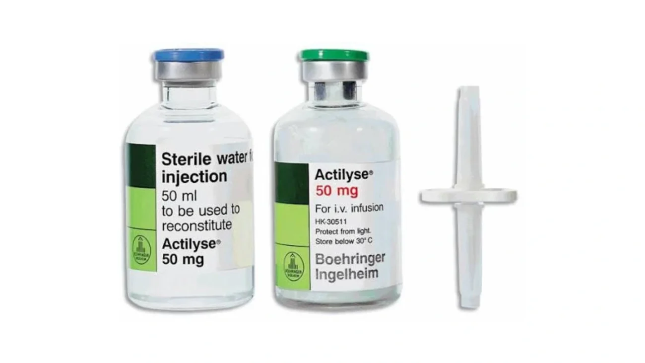 Actilyse 50mg Injection containing Alteplase 50mg for emergency treatment of acute ischemic stroke, myocardial infarction, and pulmonary embolism.