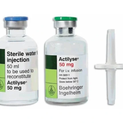 Actilyse 50mg Injection containing Alteplase 50mg for emergency treatment of acute ischemic stroke, myocardial infarction, and pulmonary embolism.